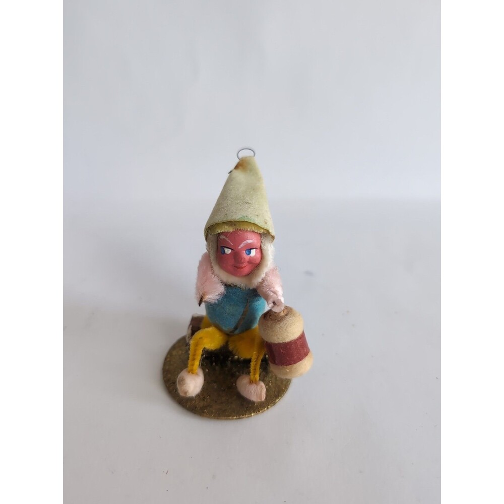 Vtg Elf Pixie Spun Cotton Christmas Ornament Sitting Log Lantern Japan